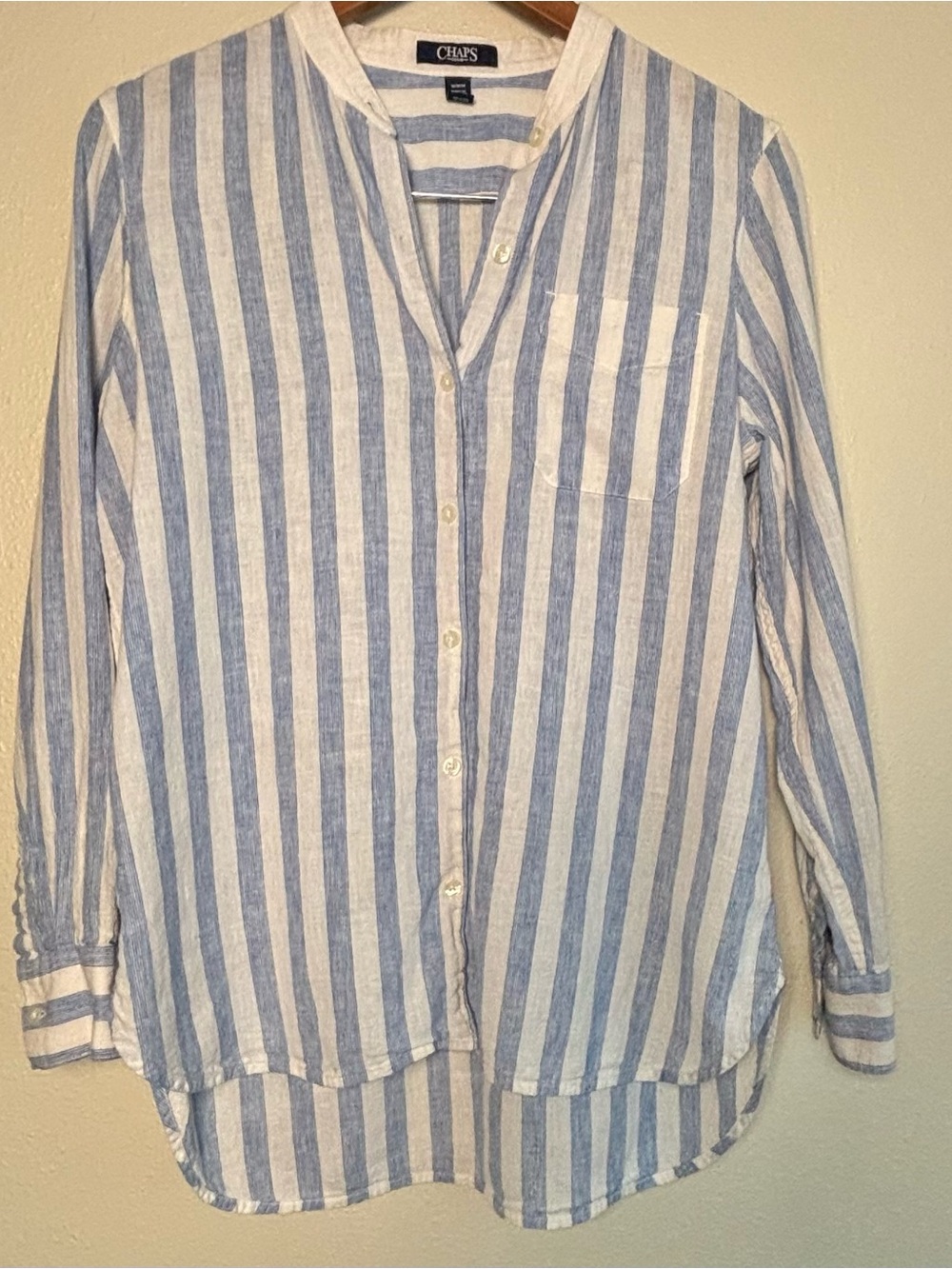Chaps Women’s Blue and White Stripe Linen Blend Shirt